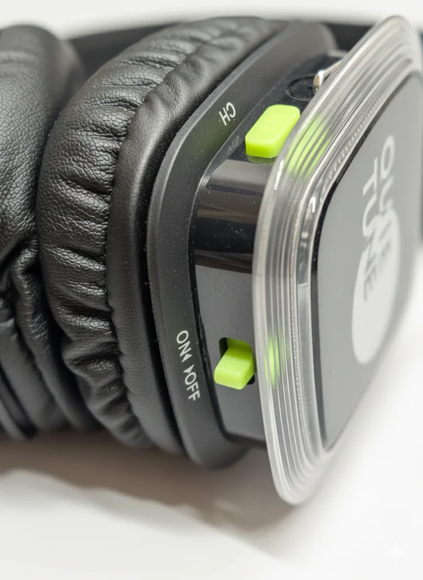 Fejhallgató vezérlők – BE/KI kapcsoló és csatorna váltó gomb